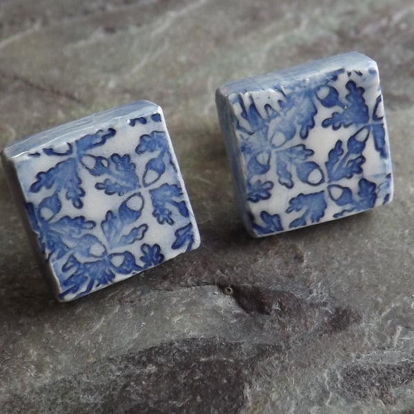 Handmade Ceramic and sterling silver Oak Leaf square stud earrings in blue