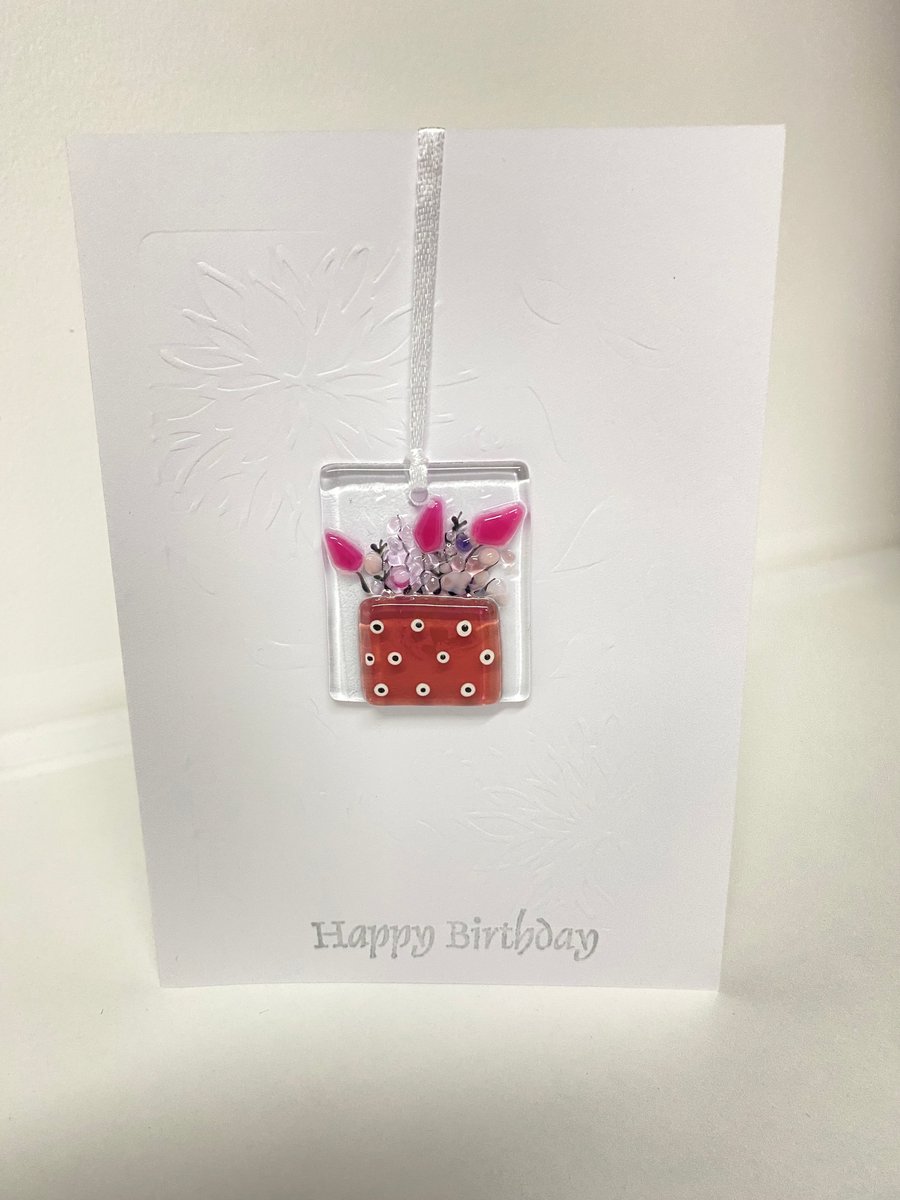 Special birthday card- fused glass flower pot keepsake 