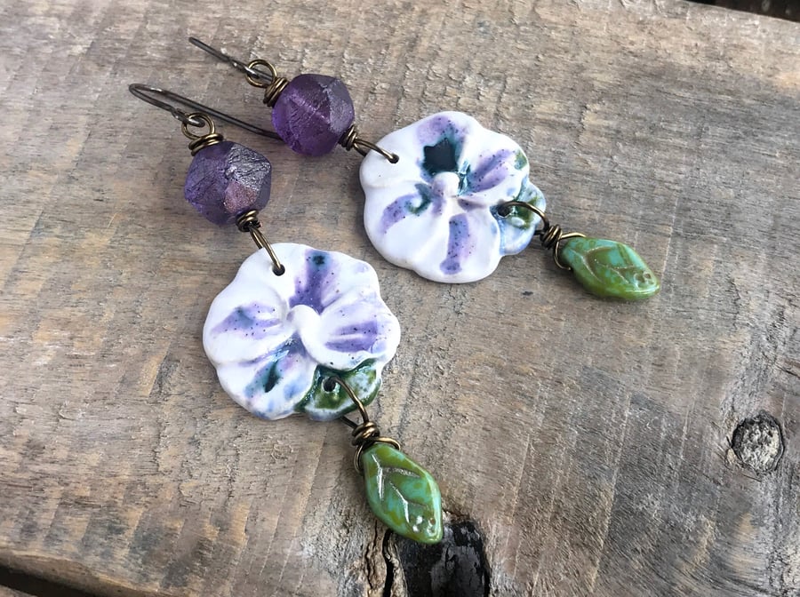 Purple & Green Artisan Ceramic Earrings. Lightweight Earrings. Spring Inspired