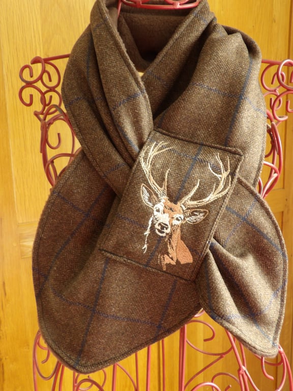 Tweed embroidered neck warmer or scarf fleece lining fox stag or pheasant 