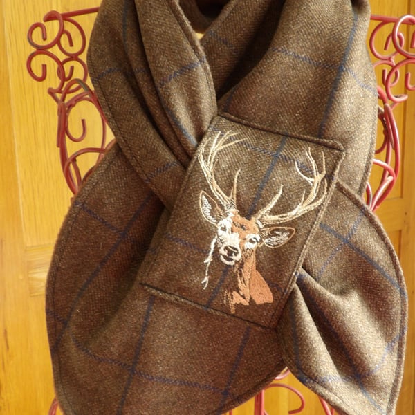 Tweed embroidered neck warmer or scarf fleece lining fox stag or pheasant 