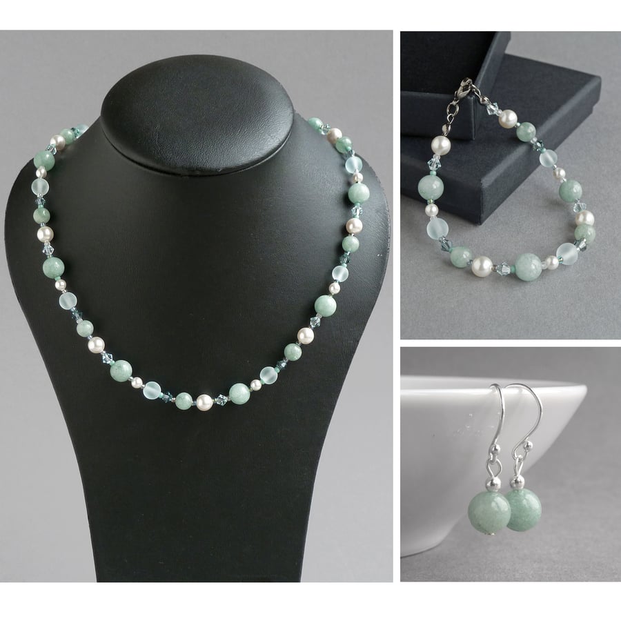 Sage Green Beaded Jewellery Set - Mint Green Necklace, Bracelet and Earrings