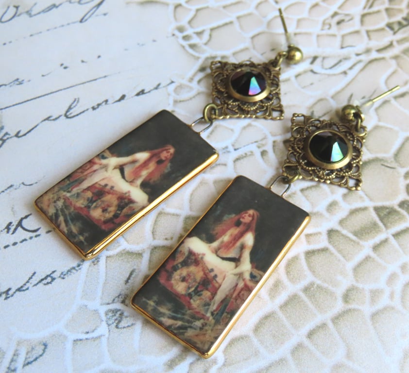 Artisan Waterhouse "The Lady of Shalott" Pre-Raphaelite style Porcelain Earrings