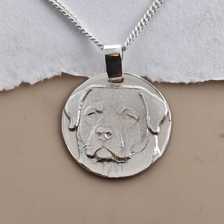 Rottweiler Coin Pendant Necklace Recycled Sterling Silver