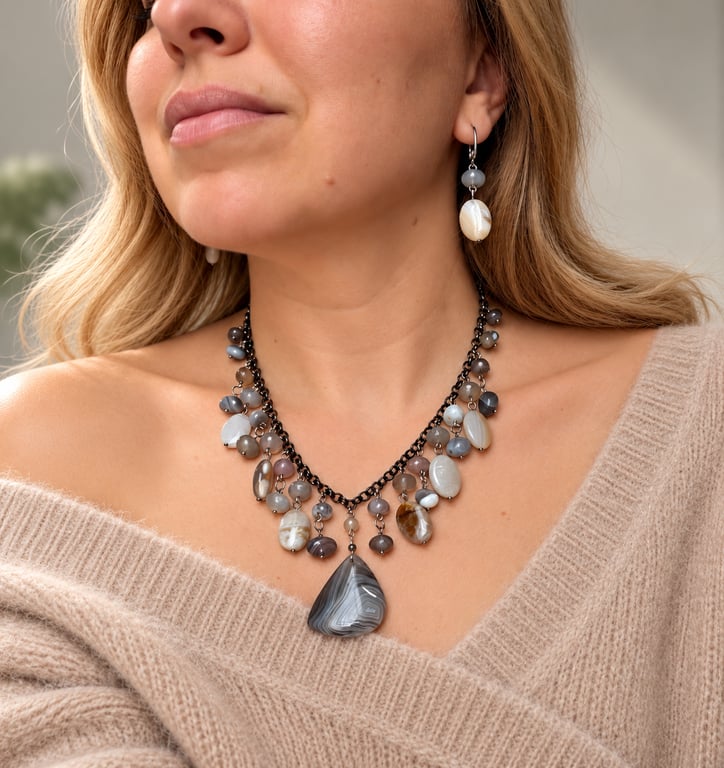 Handmade Natural Lace Agate Statement Necklace