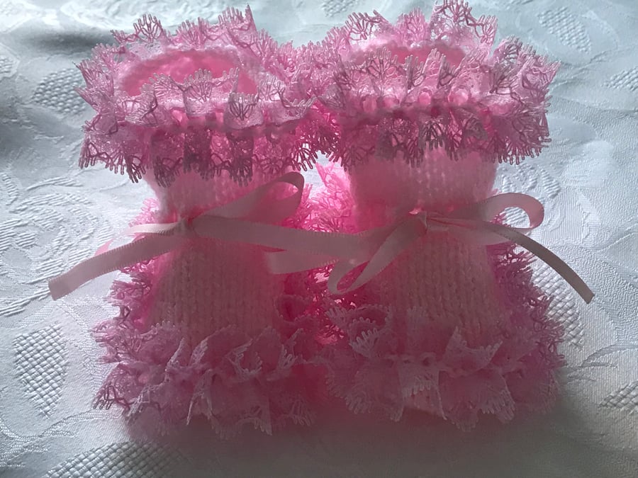 Hand Knitted Pink Lace Trim Baby Bootees