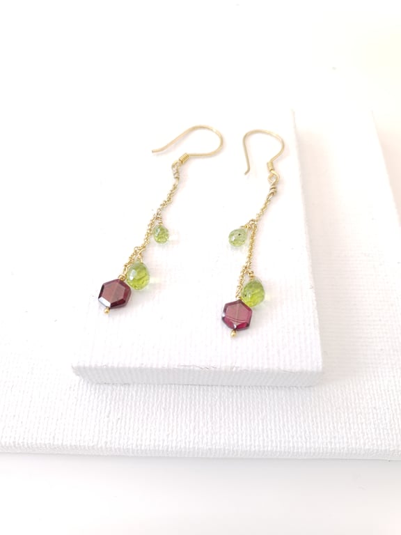 Gold Vermeil Rhodolite Garnet & Briolette Peridot Drop earrings Gold Plated 925