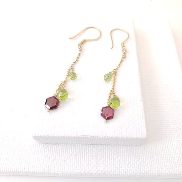 Gold Vermeil Rhodolite Garnet & Briolette Peridot Drop earrings Gold Plated 925