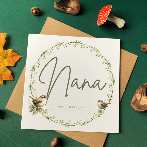 Nana Grandma Wren Birthday Card, Sweet Wren Birthday Card for Nan