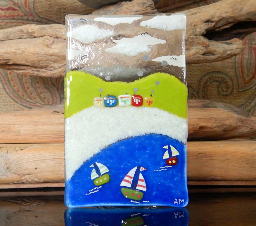 Artist made fused glass 'Seascape' T-Light.