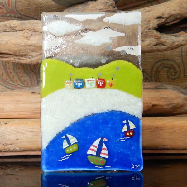 Artist made fused glass 'Seascape' T-Light.