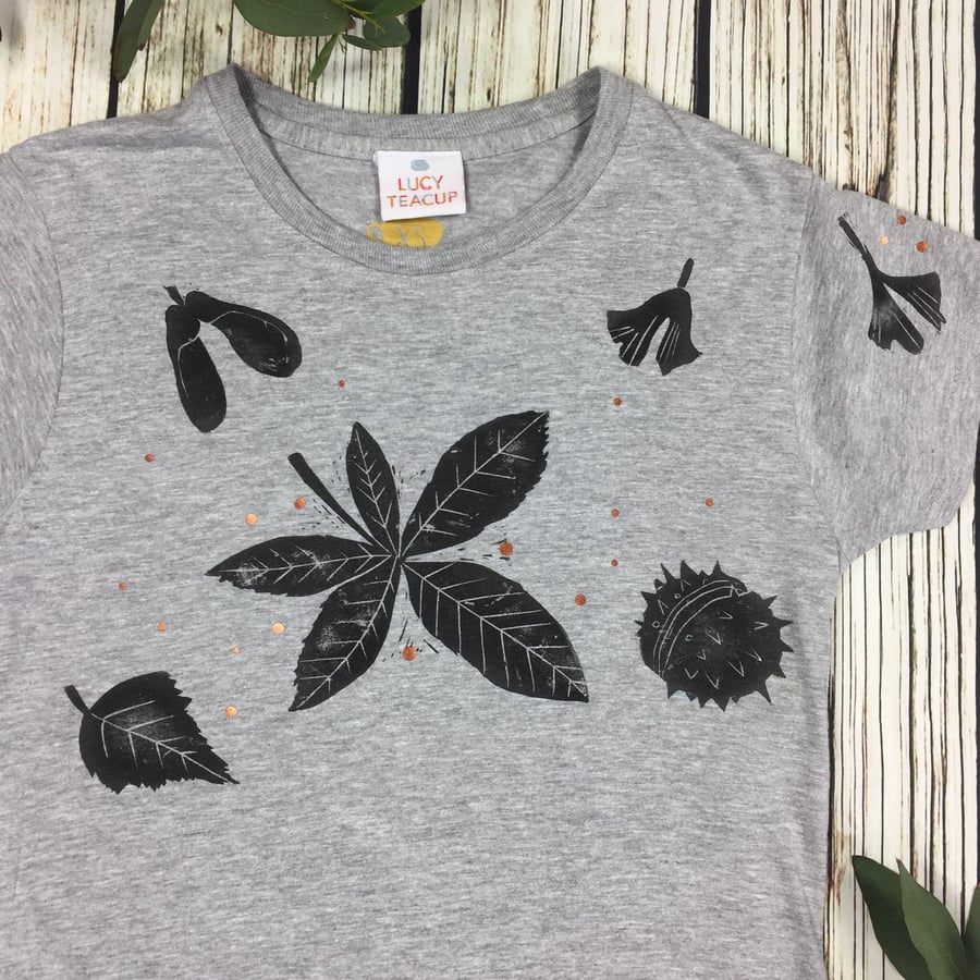 Children's Leaf lovers T-Shirt. Autumn nature top. Kids Lino cut, hand printed