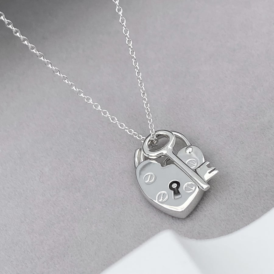 Sterling silver heart padlock and dainty key charm pendant chain necklace