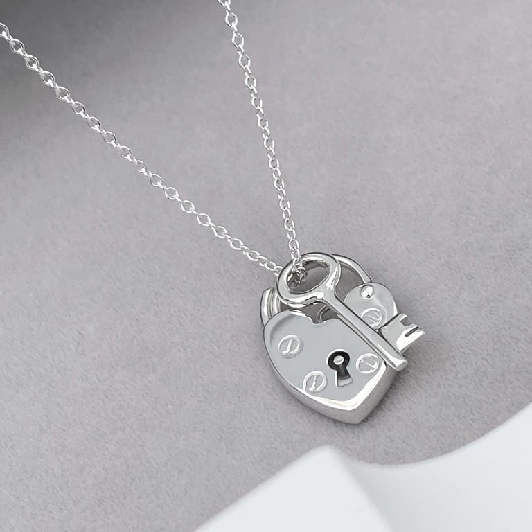 Sterling silver heart padlock and dainty key charm pendant chain necklace