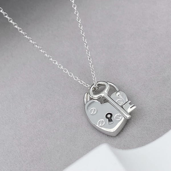 Sterling silver heart padlock and dainty key charm pendant chain necklace