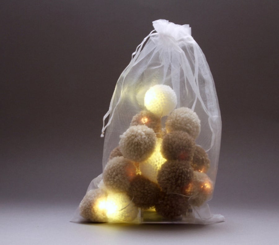 20 pom-pom LED fairy lights in chocolate , latte and cream 