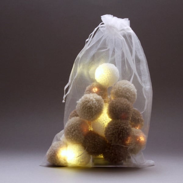 20 pom-pom LED fairy lights in chocolate , latte and cream 