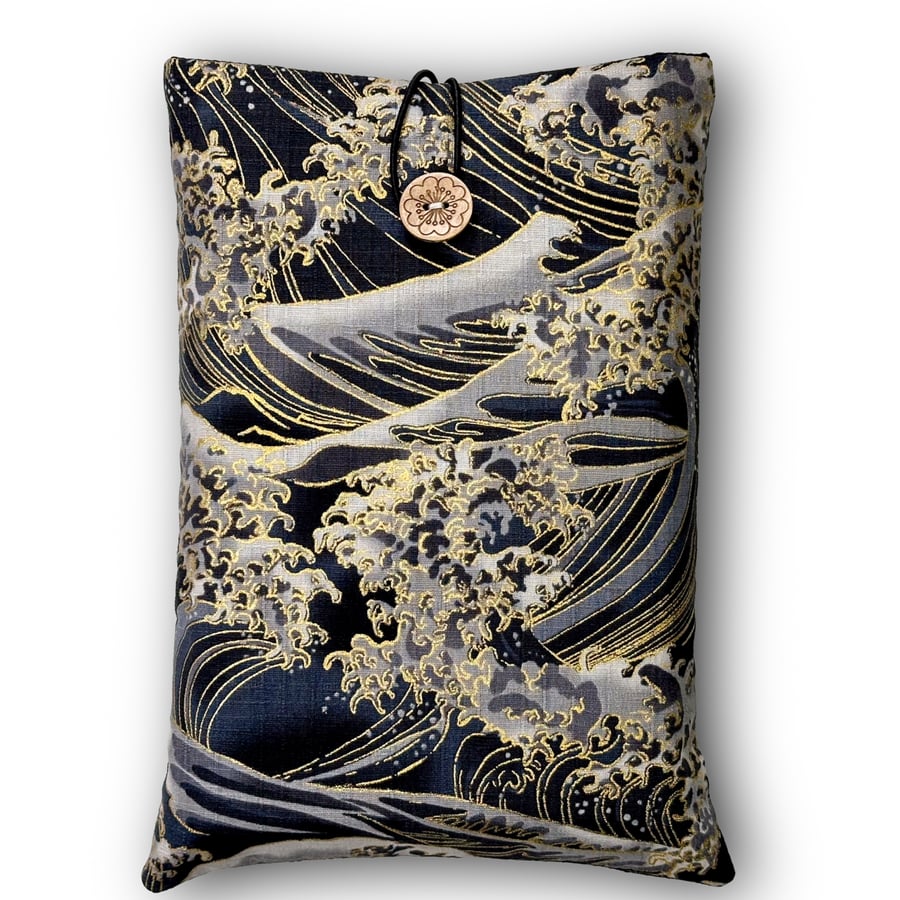 Japanese Wave Book Sleeve – Cotton Book Protector with Coconut Button