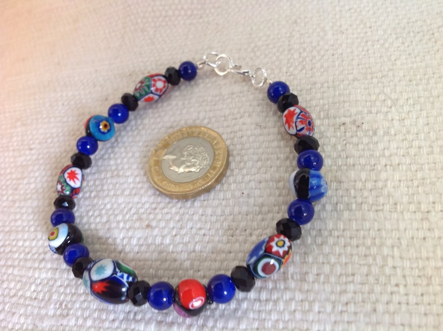 Elegant 8" beaded bracelet of vintage millefiori and French jet beads