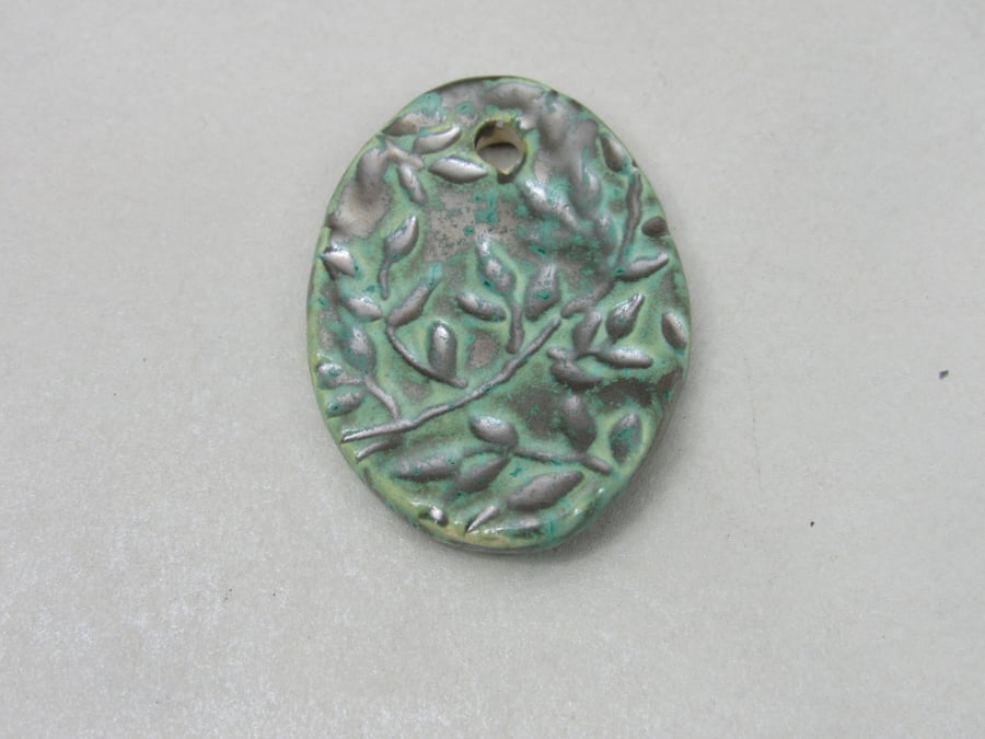 Large Verdigris Leaf Sprig Handmade Ceramic Pendant