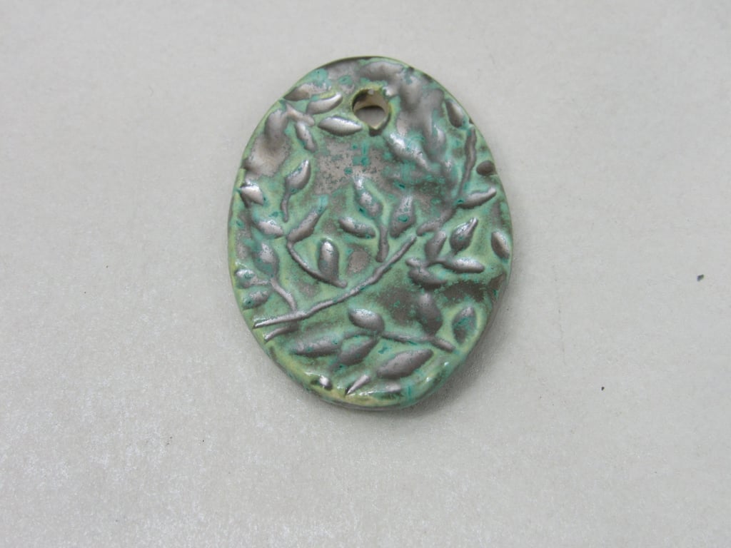 Large Verdigris Leaf Sprig Handmade Ceramic Pendant