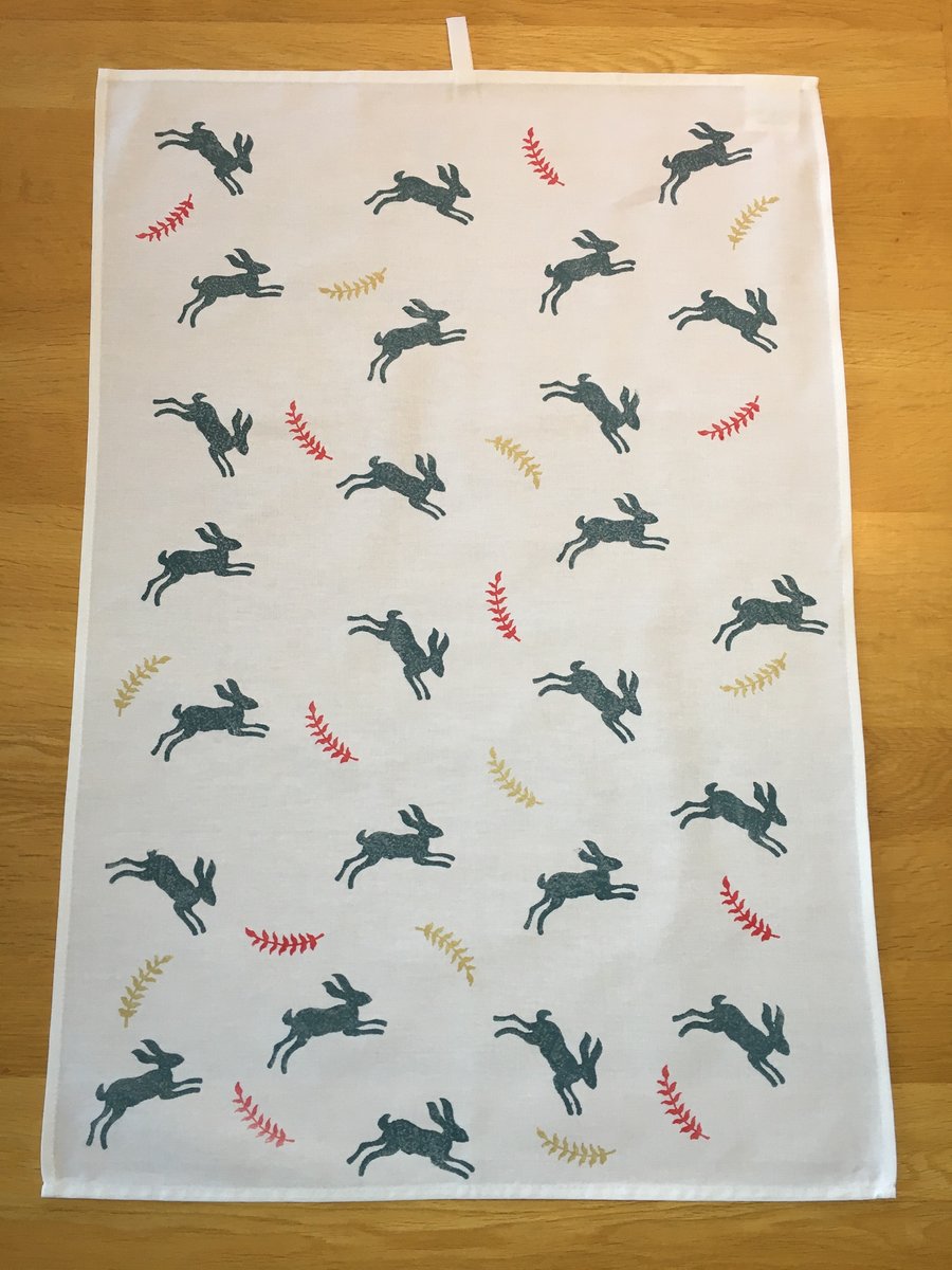 Hand Block Printed Tea Towel - Hares and Ferns (Red and Gold)