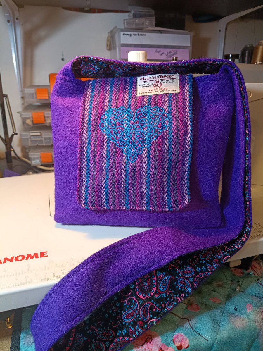 Harris tweed cross body bag with Celtic heart