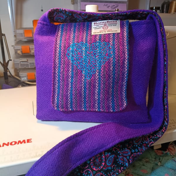 Harris tweed cross body bag with Celtic heart