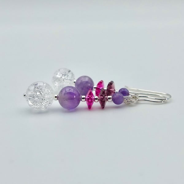 Crackle Quartz, Amethyst & Crystal Earrings, February Birthday, Anniversary Gift