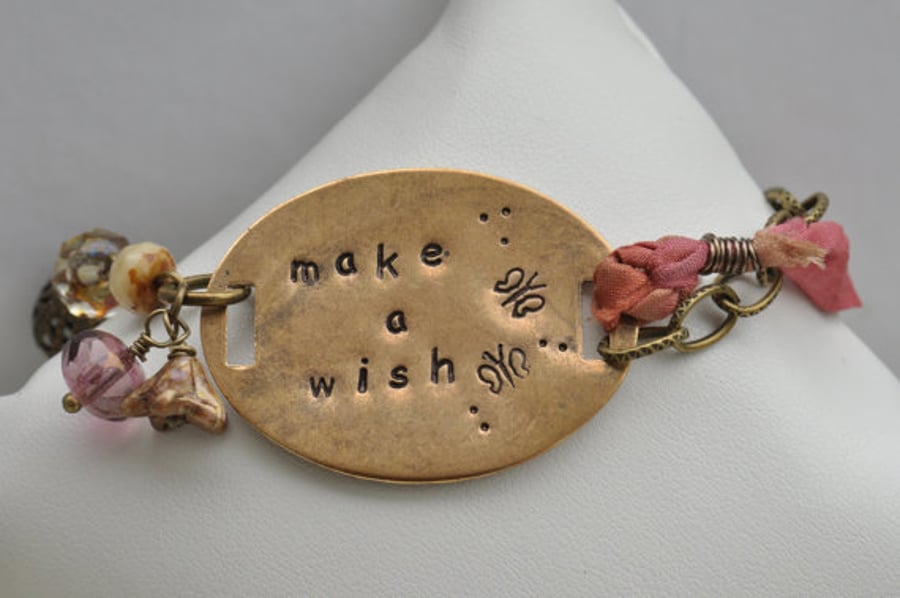Make a Wish Vintaj Hand Stamped Metal Bracelet with Sari Silk Ribbon & Beads