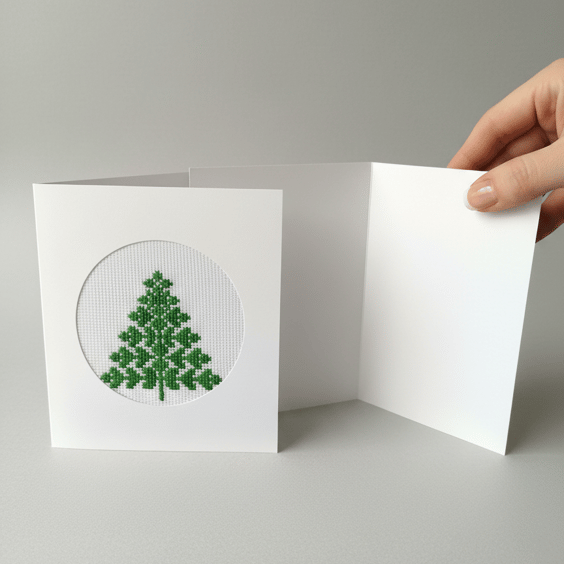 Hand-stitched Christmas card with embroidered green Christmas tree 