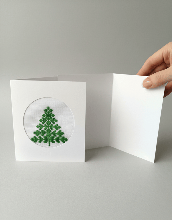 Hand-stitched Christmas card with embroidered green Christmas tree 