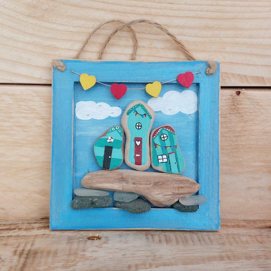 Reclaimed Pottery Beach Huts Wall Art - Sustainable Art from Beachcombed Pottery