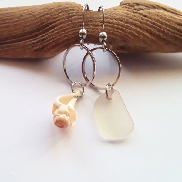 Asymmetrical Seaglass & Shell Earrings: White