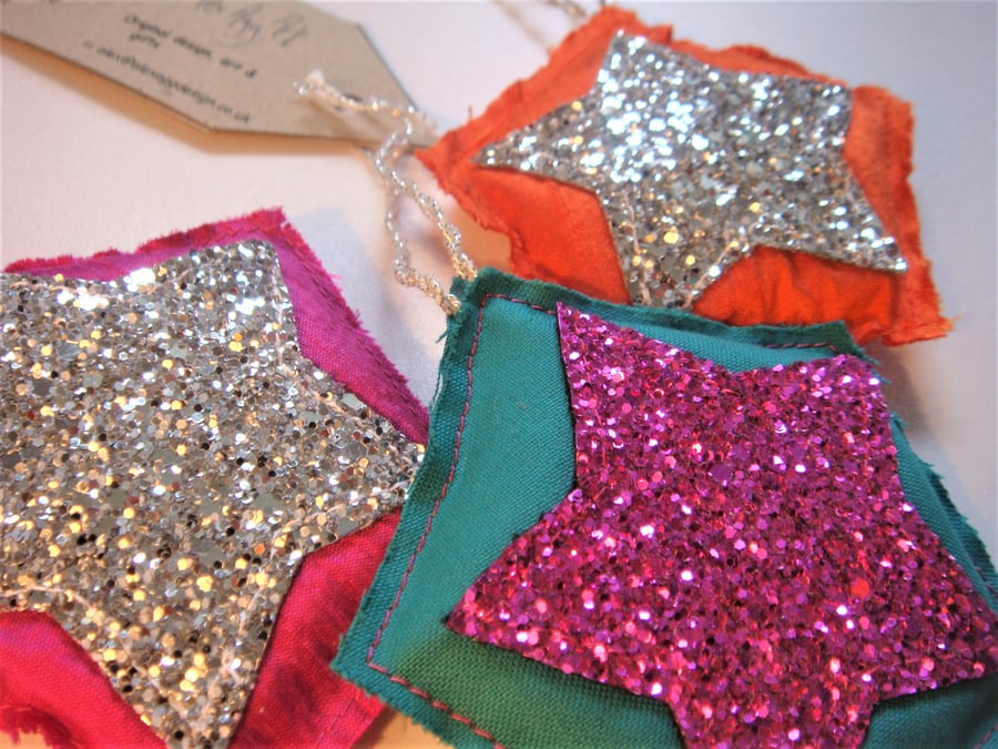 Christmas Tree Decorations Giltter Stars handmade ornaments, silk fabrics