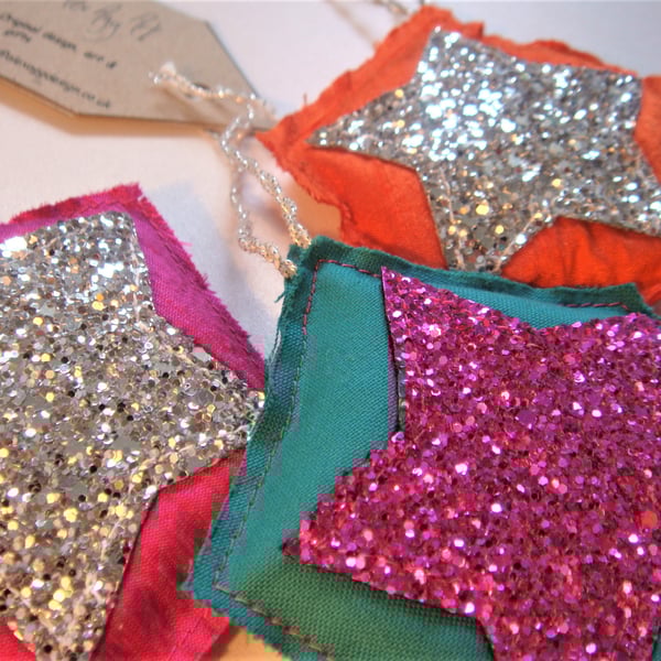 Christmas Tree Decorations Giltter Stars handmade ornaments, silk fabrics