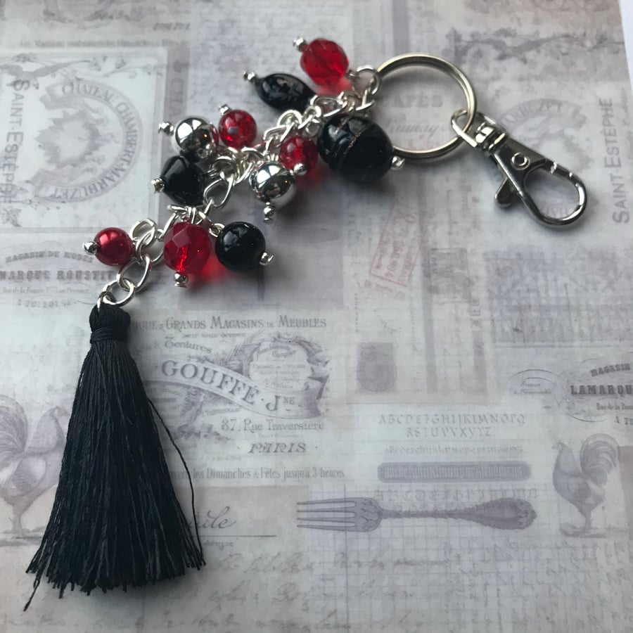 Black, Silver and red beaded bag charm