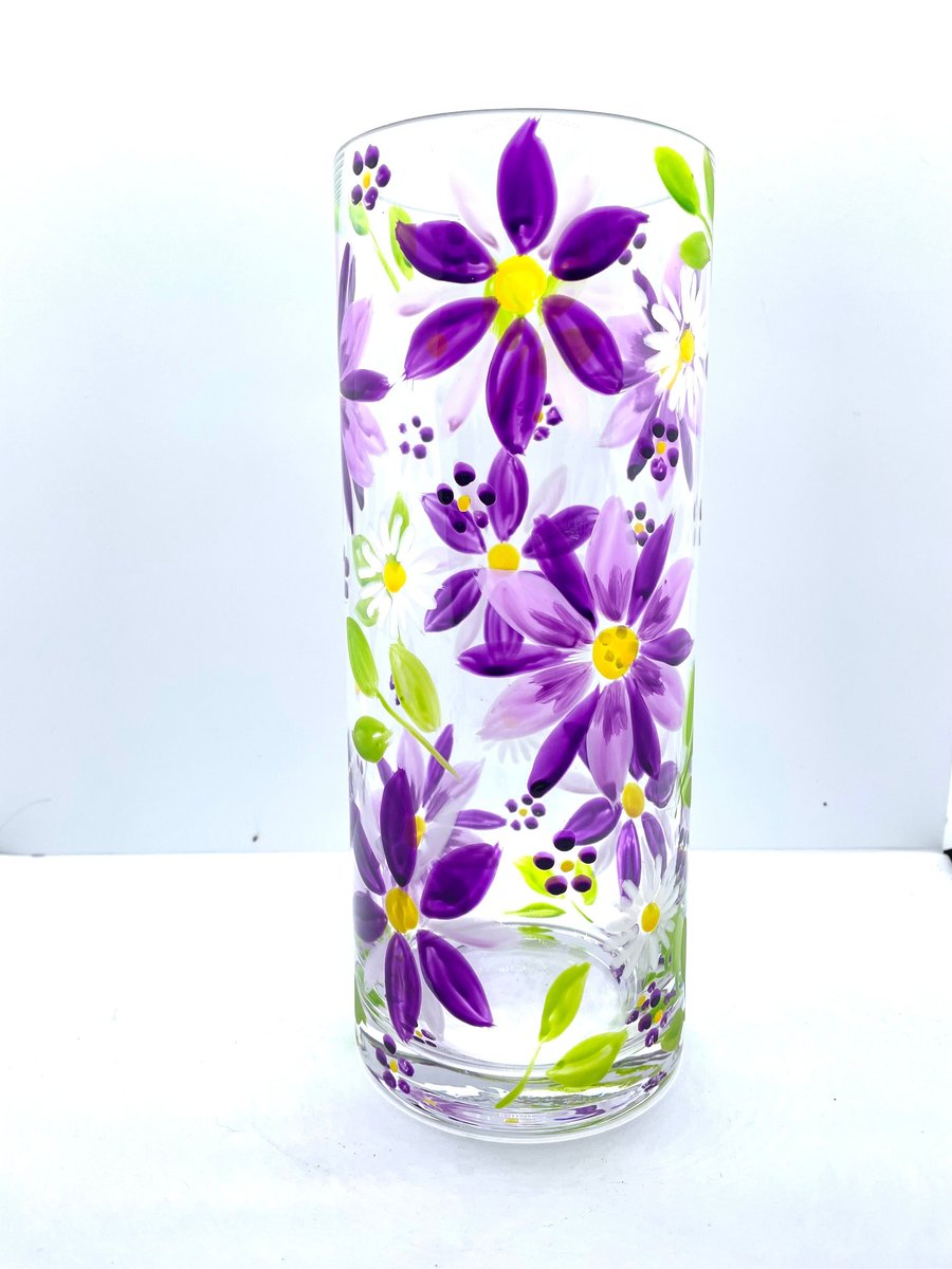 Hand Painted Glass Vase Purple Flower Vase Floral Design 