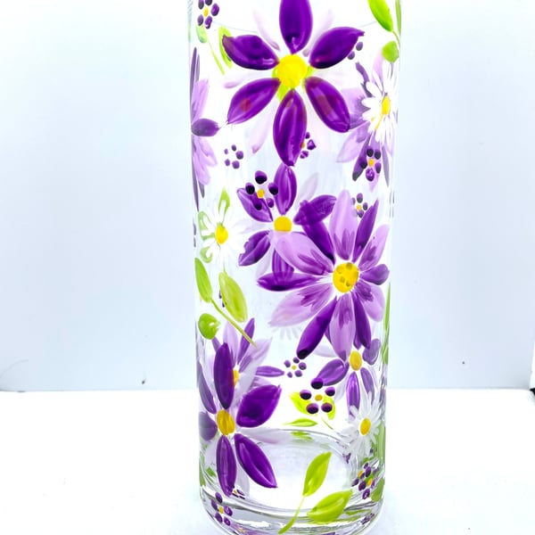 Hand Painted Glass Vase Purple Flower Vase Floral Design 