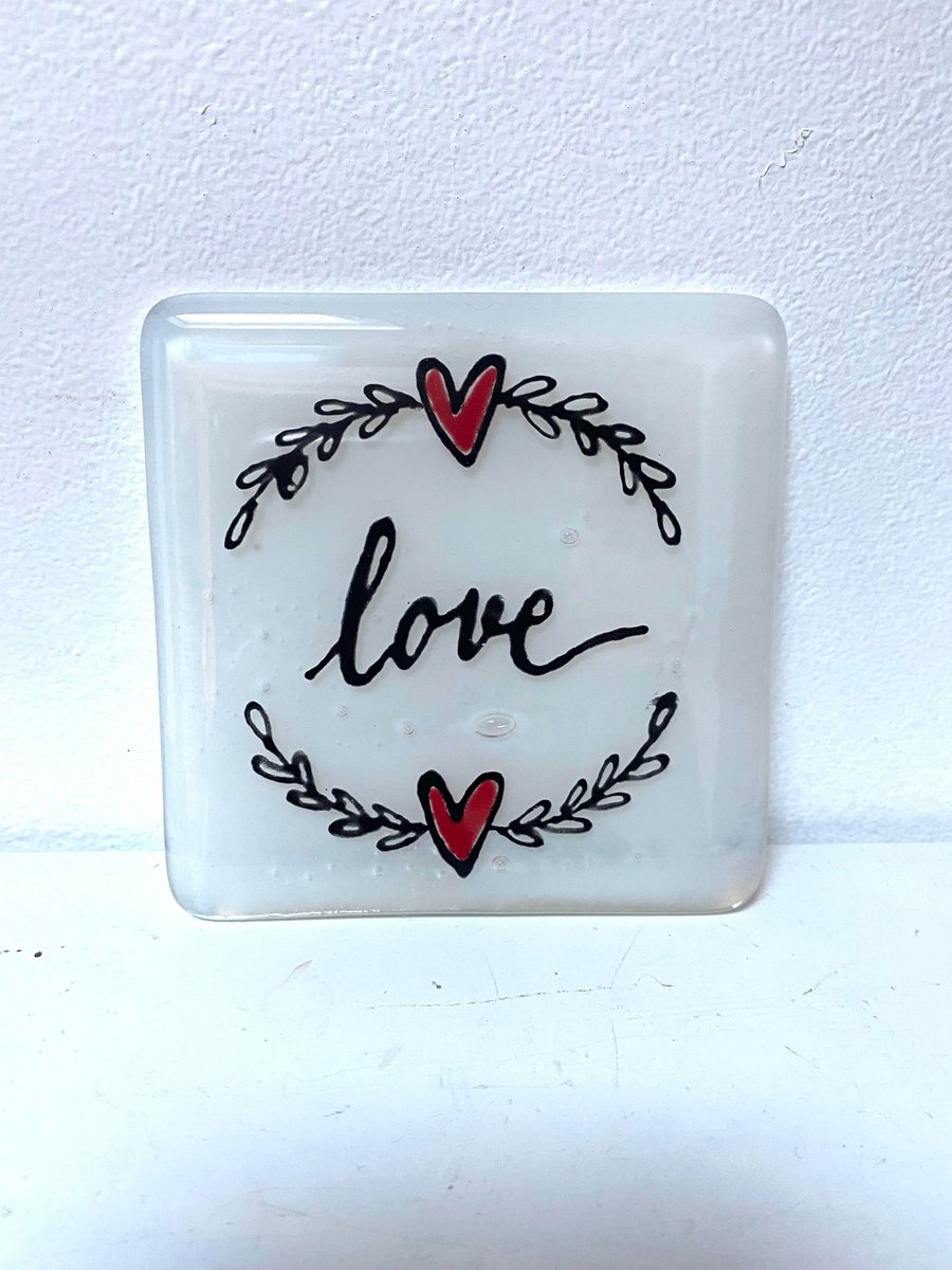Fused Glass Black Dandelion heart clock, coaster