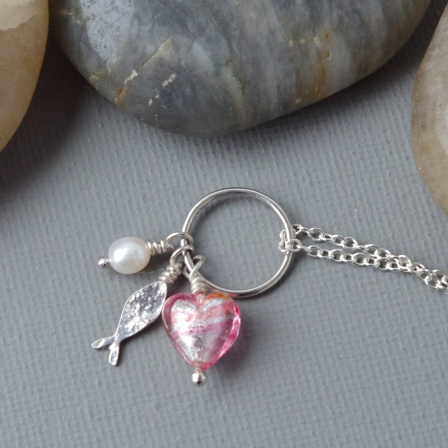 Hallmarked Sterling Silver Fish Pendant Necklace Pink Murano Heart & Pearl