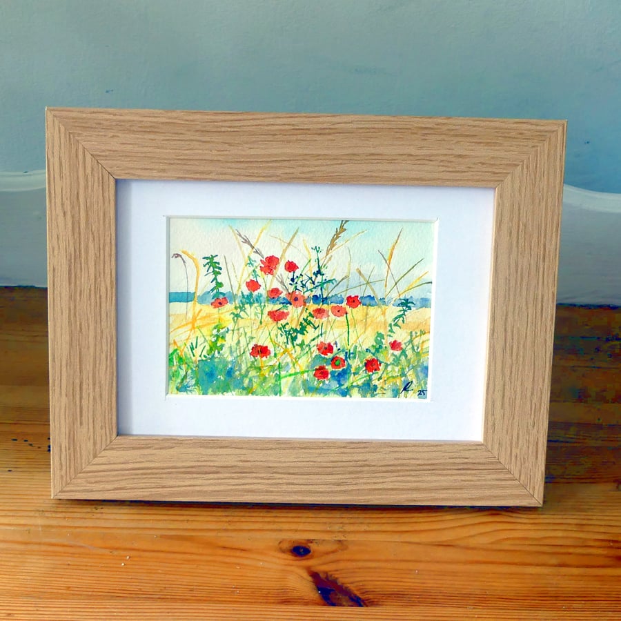 Framed  Watercolour of Wild Field Poppies : Impressionist Countryside Landscape