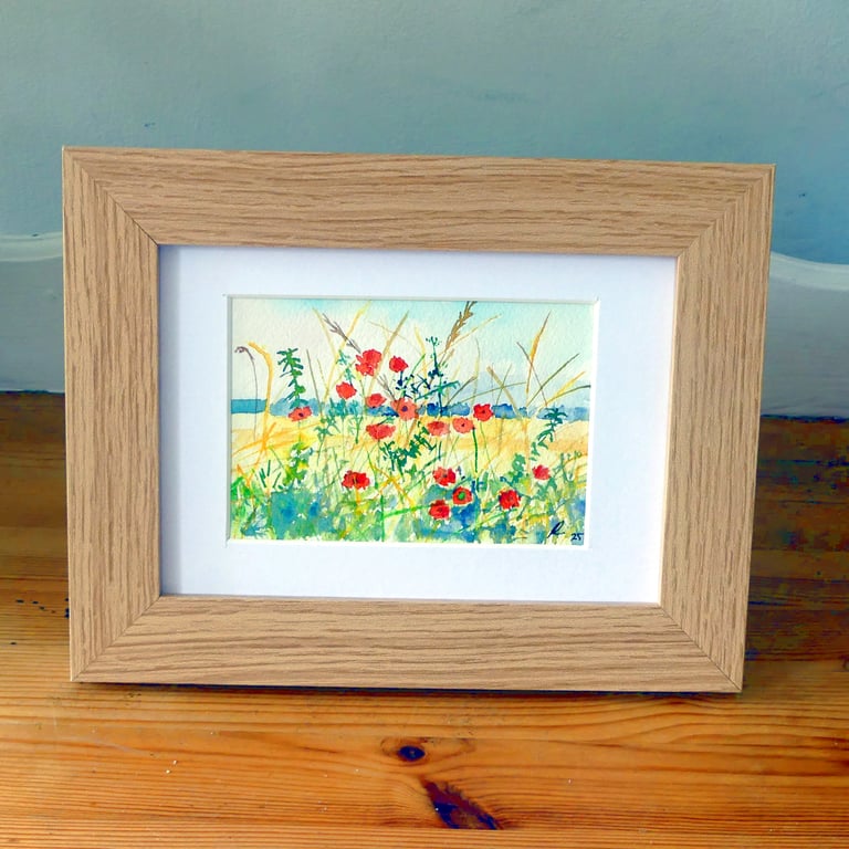 Framed  Watercolour of Wild Field Poppies : Impressionist Countryside Landscape