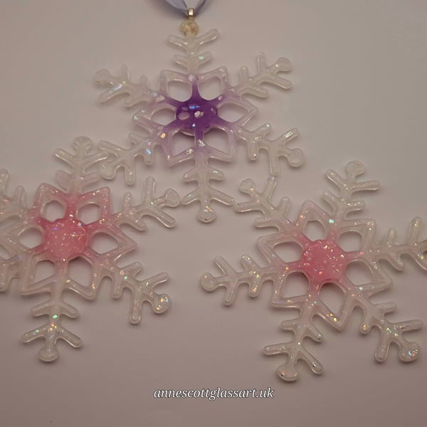 Three Handmade fused Glass Christmas Snowflakes Decorations Pink,Purple,Opaline