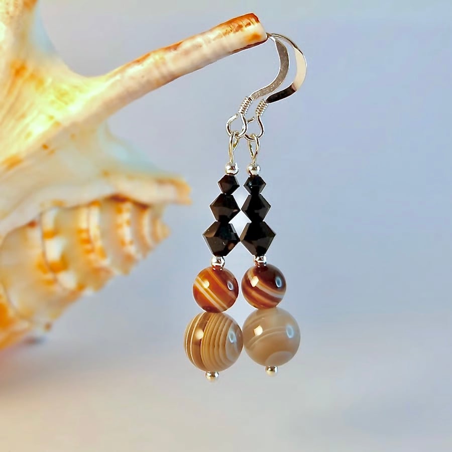 Banded Agate Earrings, Crystals, Silver - Handmade Gift, Birthday, Gemini, June