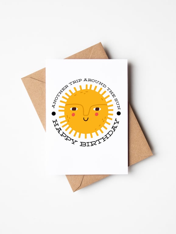 Another trip around the sun mid century birthday card A6