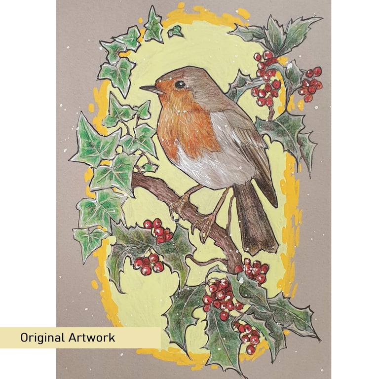 Robin with Holly and Ivy original drawing, bird artwork, wall art