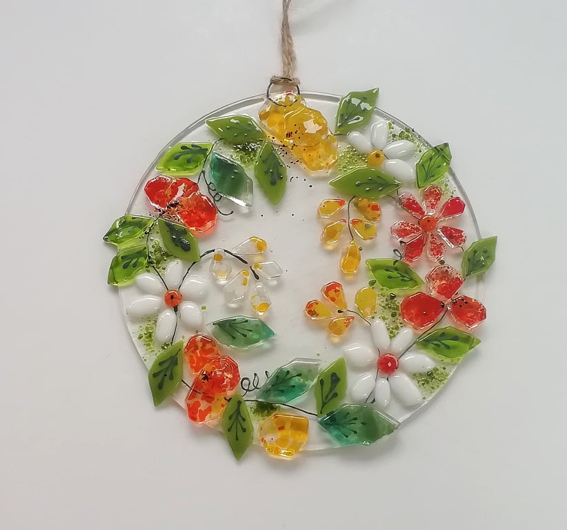 Summer floral wreath, fused glass flower hanger, wall art, birthday gift. 