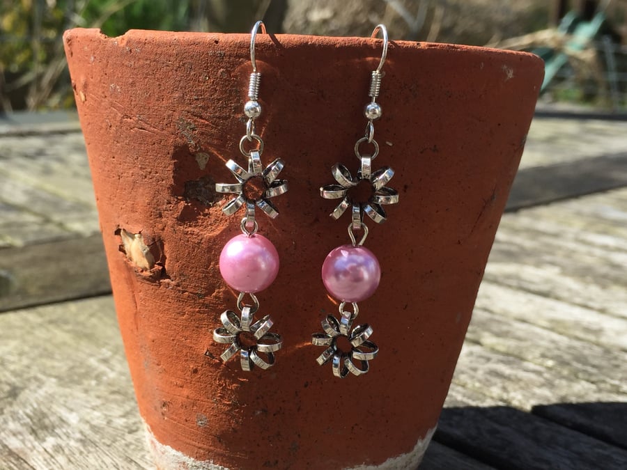 Pink glass pearl and metal spiral earrings