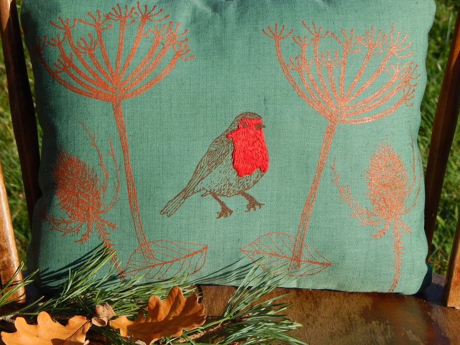 Dark green - Robin red breast - Screen printed wild seedhead cushion 